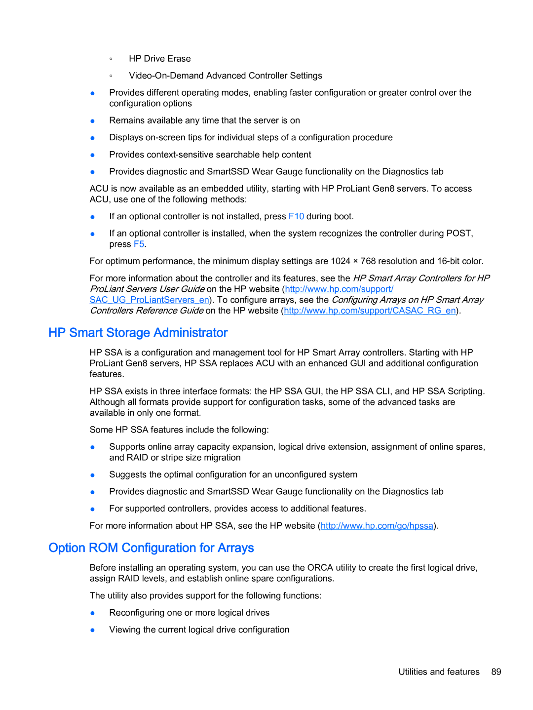 HP Z Virtual manual HP Smart Storage Administrator, Option ROM Configuration for Arrays 