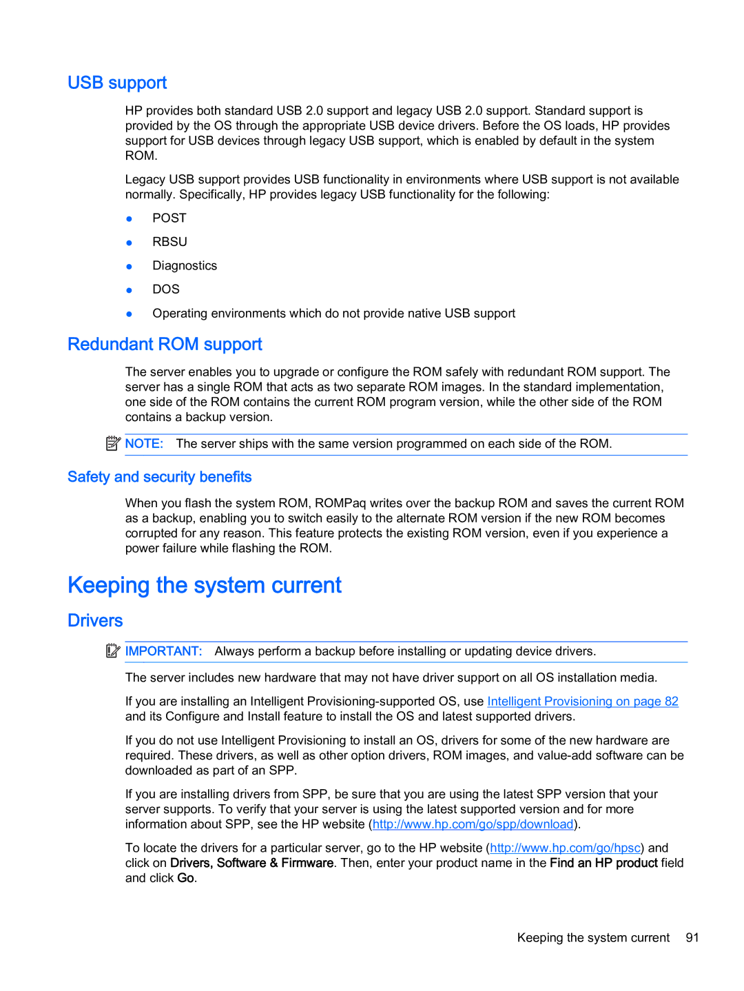 HP Z Virtual manual Keeping the system current, USB support, Redundant ROM support, Drivers 