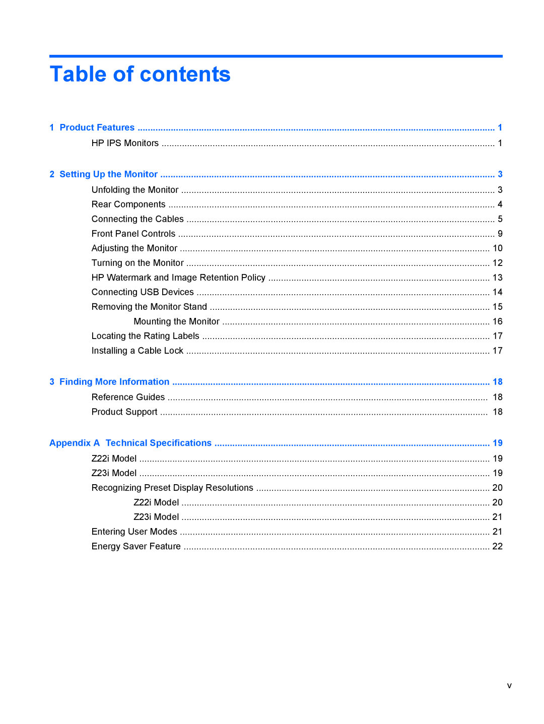 HP Z22i manual Table of contents 