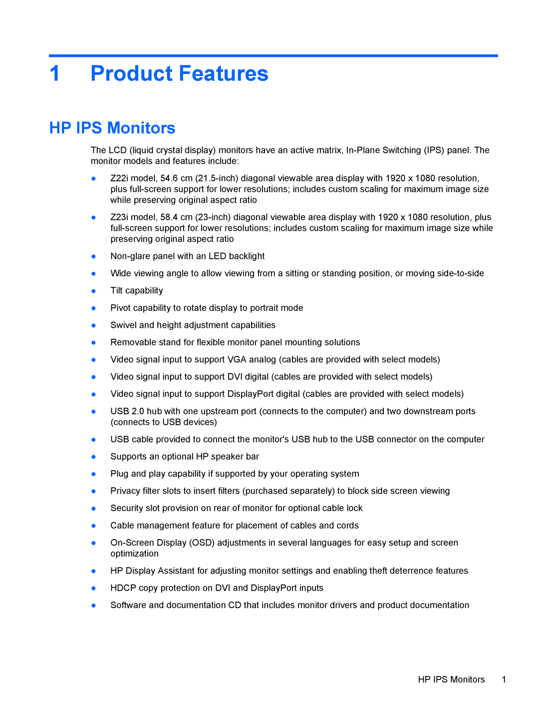 HP Z22i manual Product Features, HP IPS Monitors 