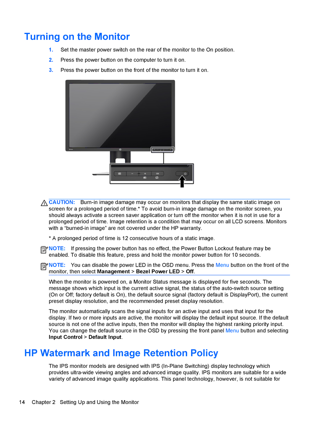 HP Z27i 27-inch manual Turning on the Monitor, HP Watermark and Image Retention Policy 