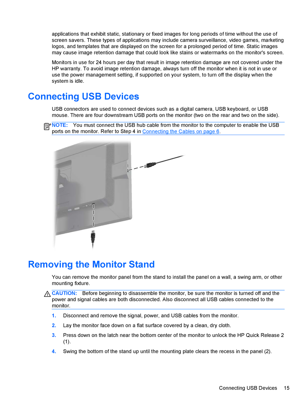 HP Z27i 27-inch manual Connecting USB Devices, Removing the Monitor Stand 