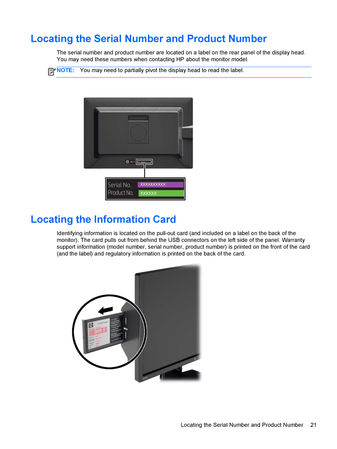 HP Z27i 27-inch manual Locating the Serial Number and Product Number, Locating the Information Card 