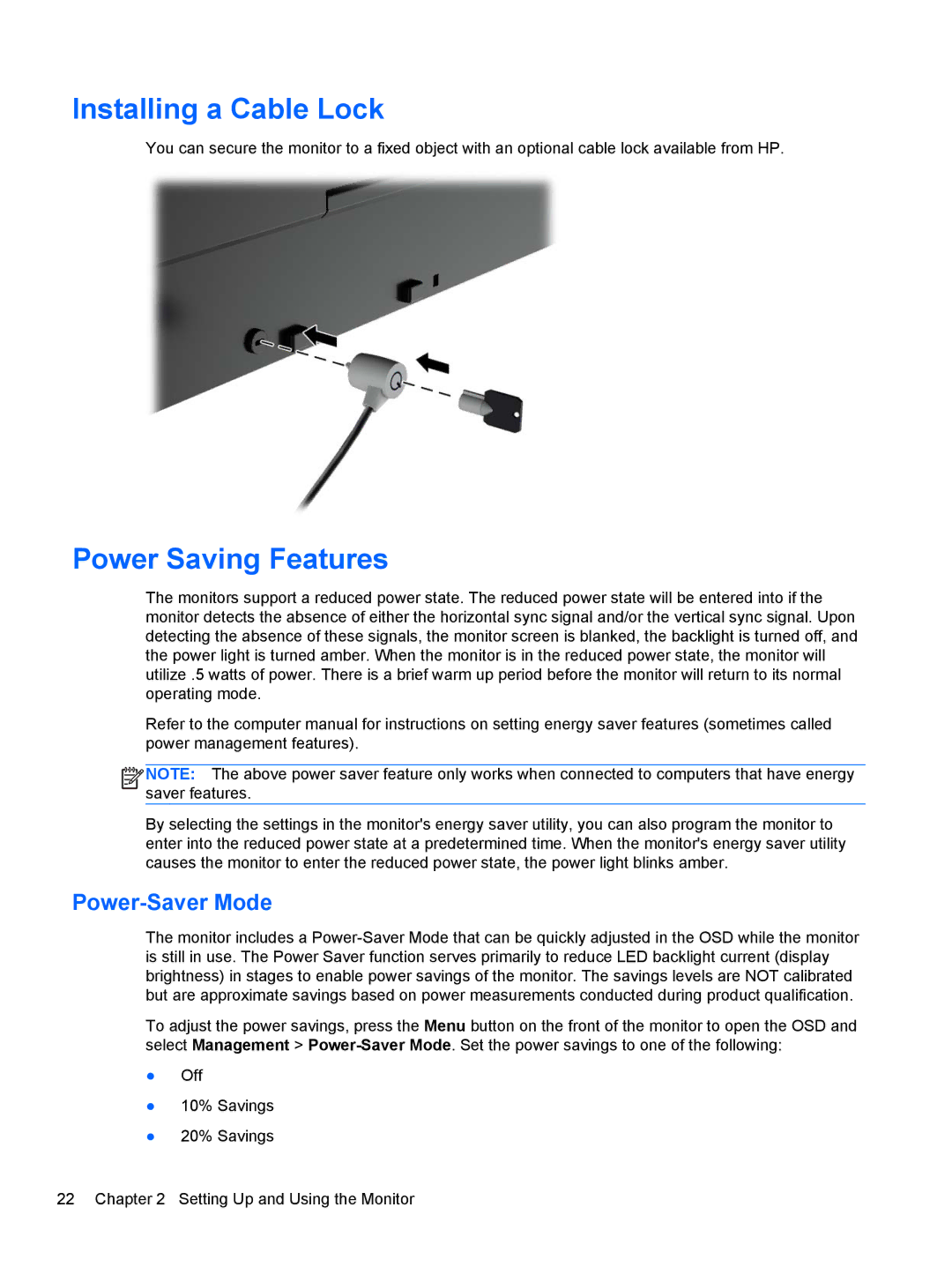 HP Z27i 27-inch manual Installing a Cable Lock, Power Saving Features, Power-Saver Mode 