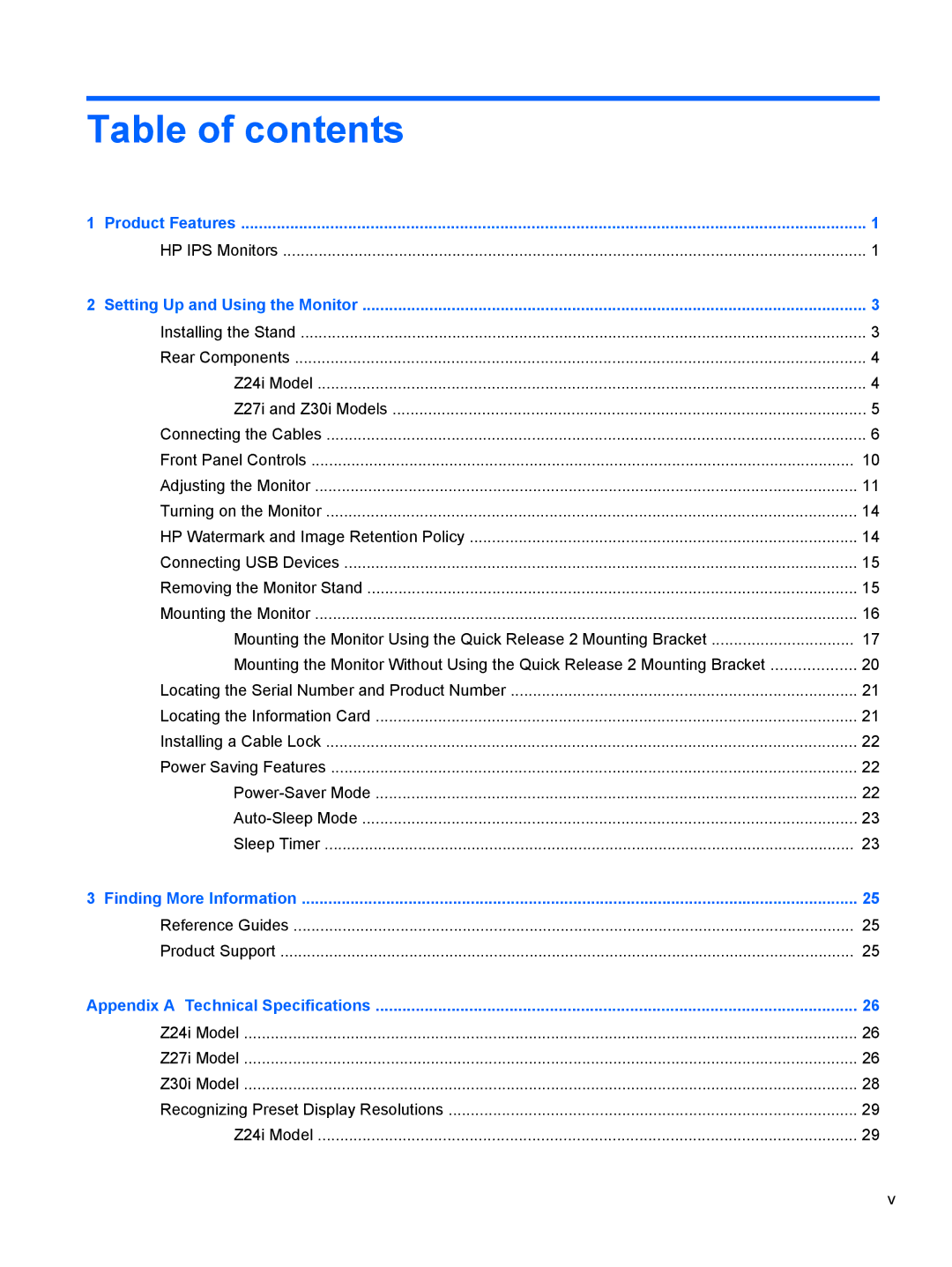 HP Z27i 27-inch manual Table of contents 