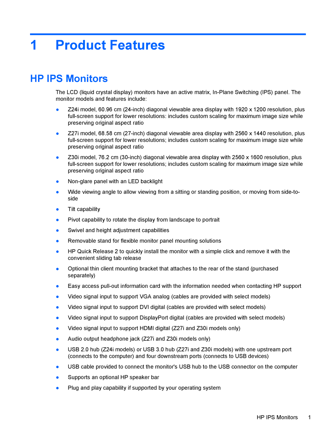 HP Z27i 27-inch manual Product Features, HP IPS Monitors 