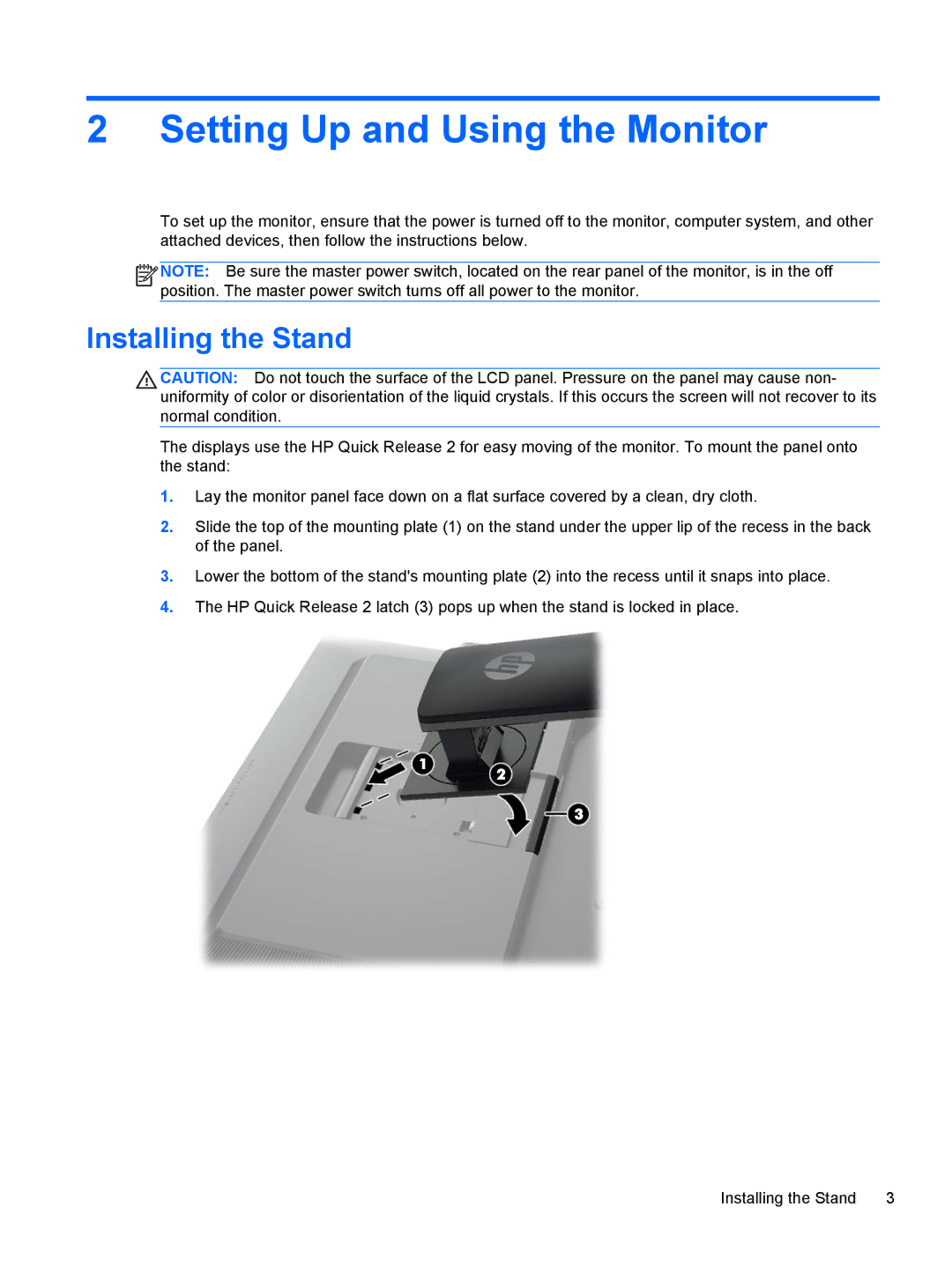 HP Z27i 27-inch manual Setting Up and Using the Monitor, Installing the Stand 