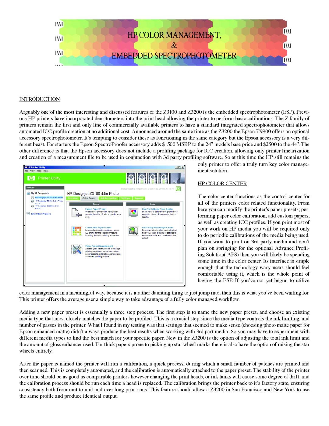 HP Z3200 manual Introduction, HP Color Center 