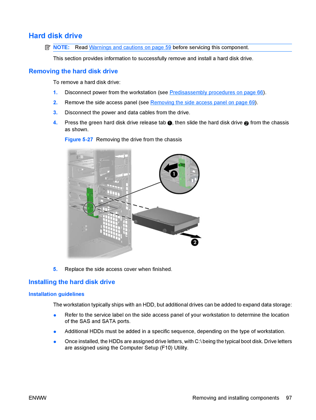 HP VA799UT 799UT#ABA, Z400 H2D81US manual Hard disk drive, Removing the hard disk drive, Installing the hard disk drive 