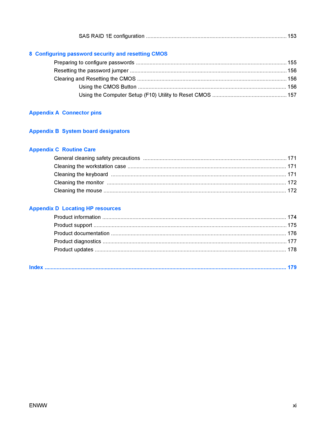 HP VA799UT 799UT#ABA, Z400 H2D81US Configuring password security and resetting Cmos, Appendix D Locating HP resources, 179 