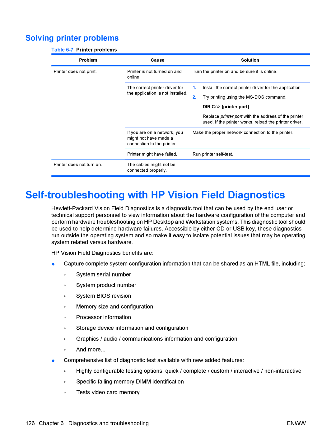 HP Z400 H2D81US manual Self-troubleshooting with HP Vision Field Diagnostics, Solving printer problems, 7Printer problems 