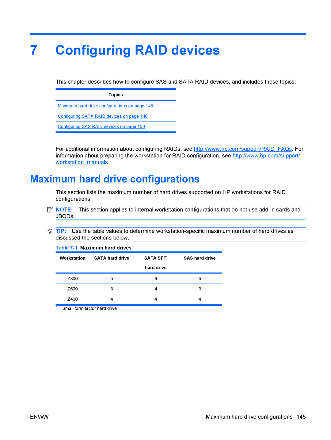 HP VA799UT 799UT#ABA, Z400 H2D81US manual Configuring RAID devices, Maximum hard drive configurations, 1Maximum hard drives 