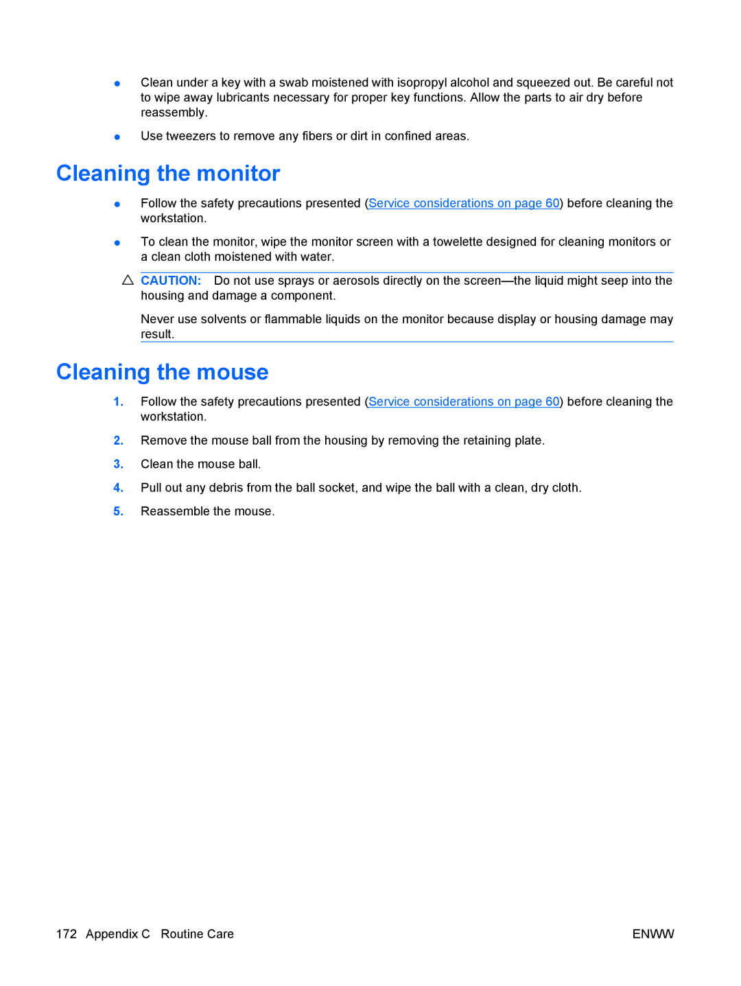 HP Z400 H2D81US, VA799UT 799UT#ABA manual Cleaning the monitor, Cleaning the mouse 