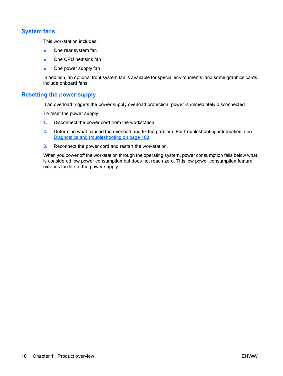 HP Z400 H2D81US, VA799UT 799UT#ABA manual System fans, Resetting the power supply 