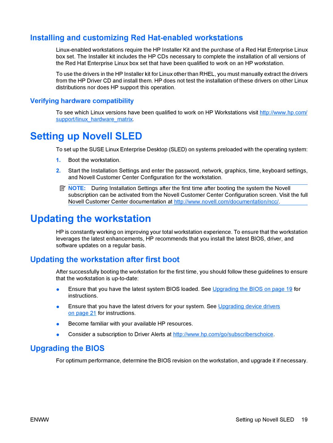 HP VA799UT 799UT#ABA manual Setting up Novell Sled, Updating the workstation after first boot, Upgrading the Bios 