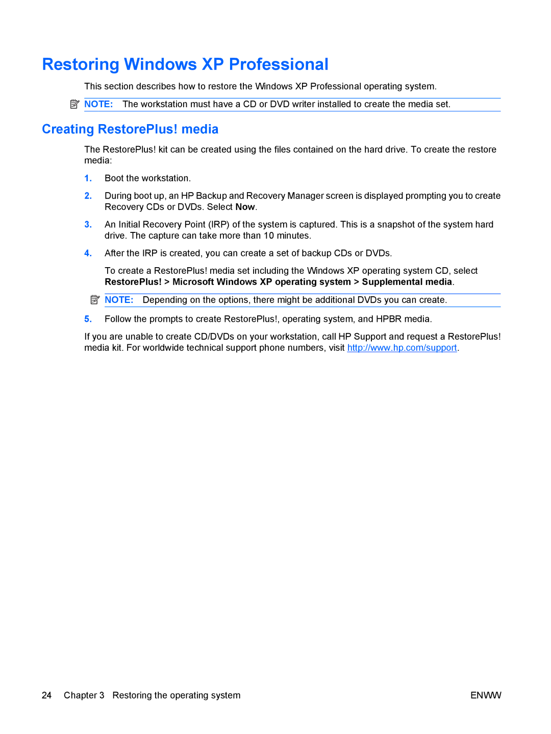 HP Z400 H2D81US, VA799UT 799UT#ABA manual Restoring Windows XP Professional, Creating RestorePlus! media 