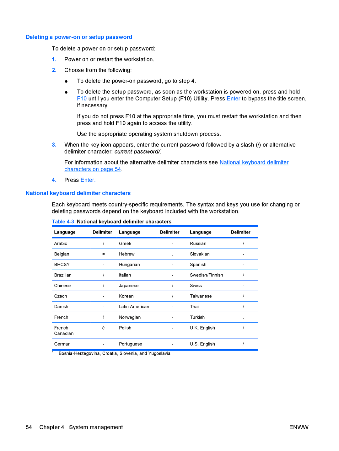 HP Z400 H2D81US manual Deleting a power-on or setup password, National keyboard delimiter characters, Language Delimiter 