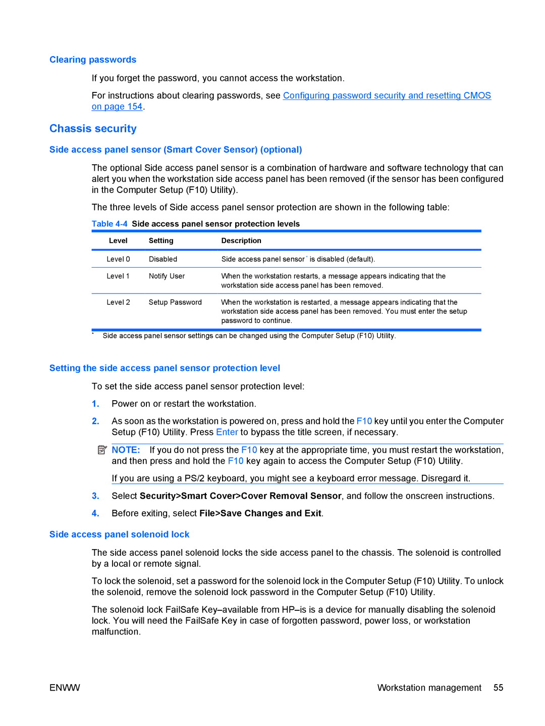 HP VA799UT 799UT#ABA manual Chassis security, Clearing passwords, Side access panel sensor Smart Cover Sensor optional 