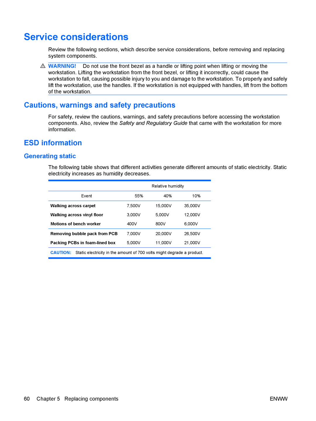 HP Z400 H2D81US, VA799UT 799UT#ABA manual Service considerations, ESD information, Generating static 