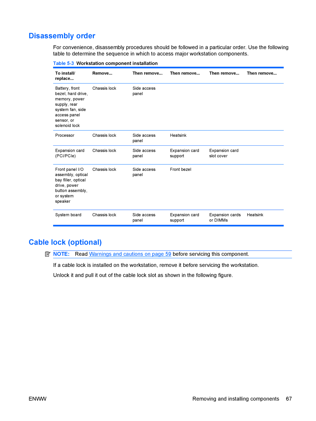 HP VA799UT 799UT#ABA, Z400 H2D81US manual Disassembly order, Cable lock optional, 3Workstation component installation 