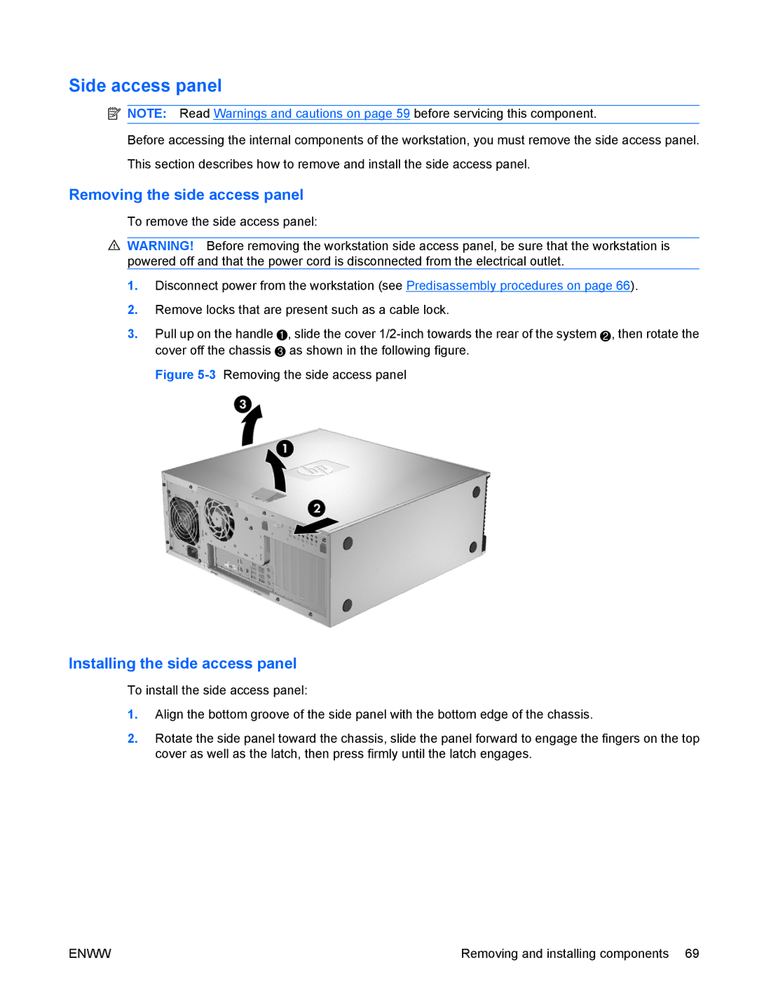 HP VA799UT 799UT#ABA, Z400 H2D81US Side access panel, Removing the side access panel, Installing the side access panel 