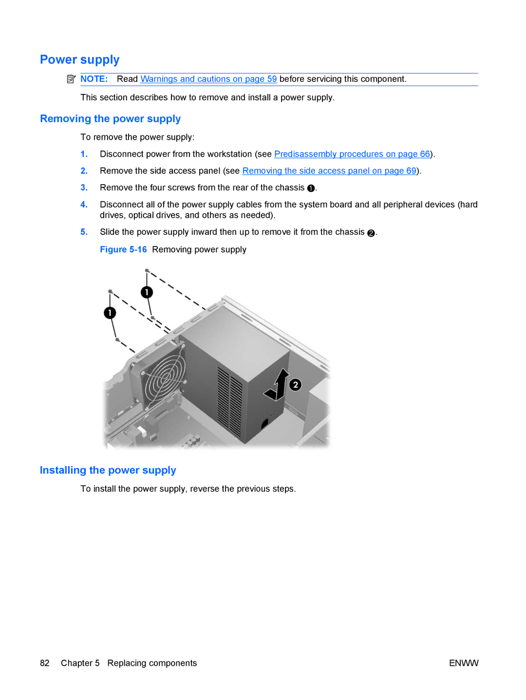 HP Z400 H2D81US, VA799UT 799UT#ABA manual Power supply, Removing the power supply, Installing the power supply 