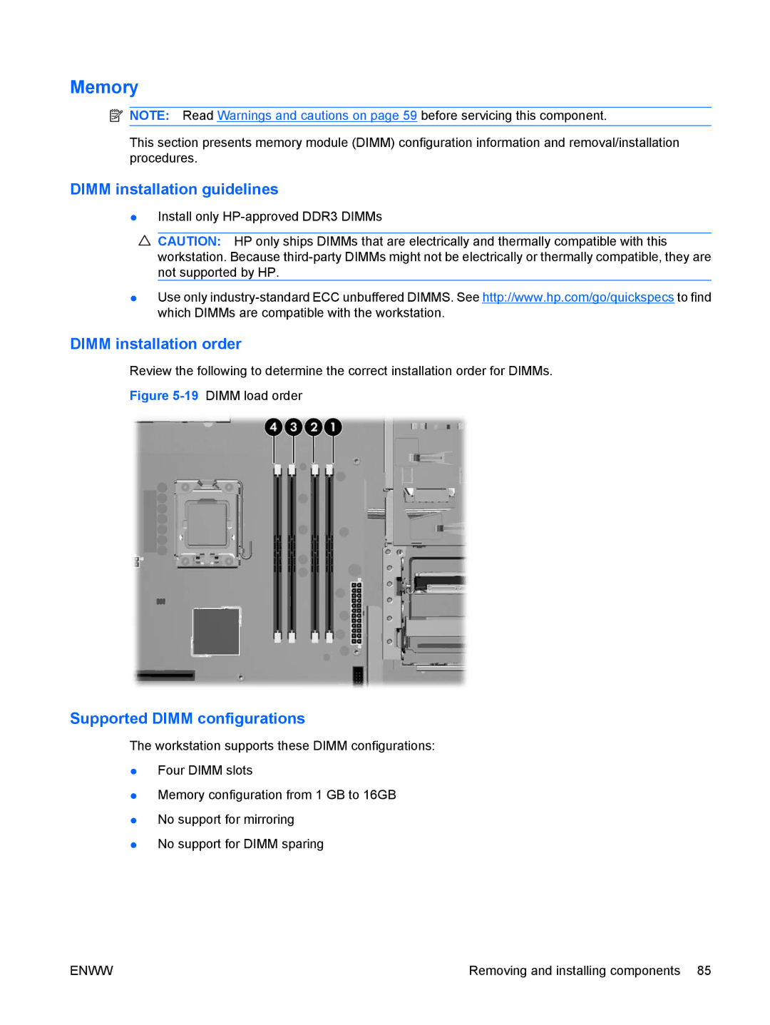 HP VA799UT 799UT#ABA manual Memory, Dimm installation guidelines, Dimm installation order, Supported Dimm configurations 