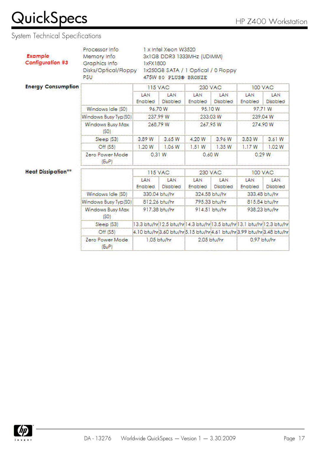 HP Z400 manual QuickSpecs 