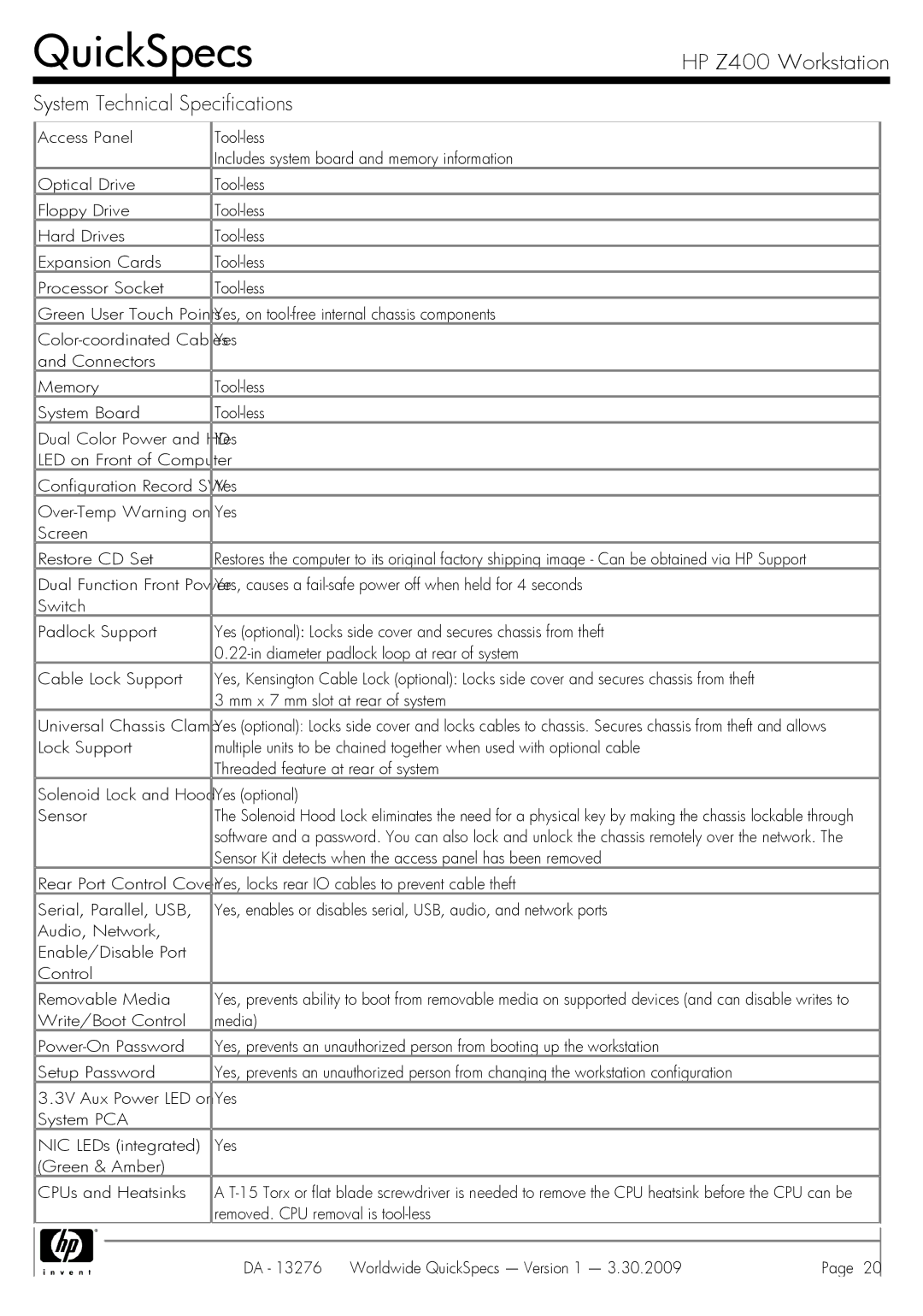 HP Z400 manual QuickSpecs 