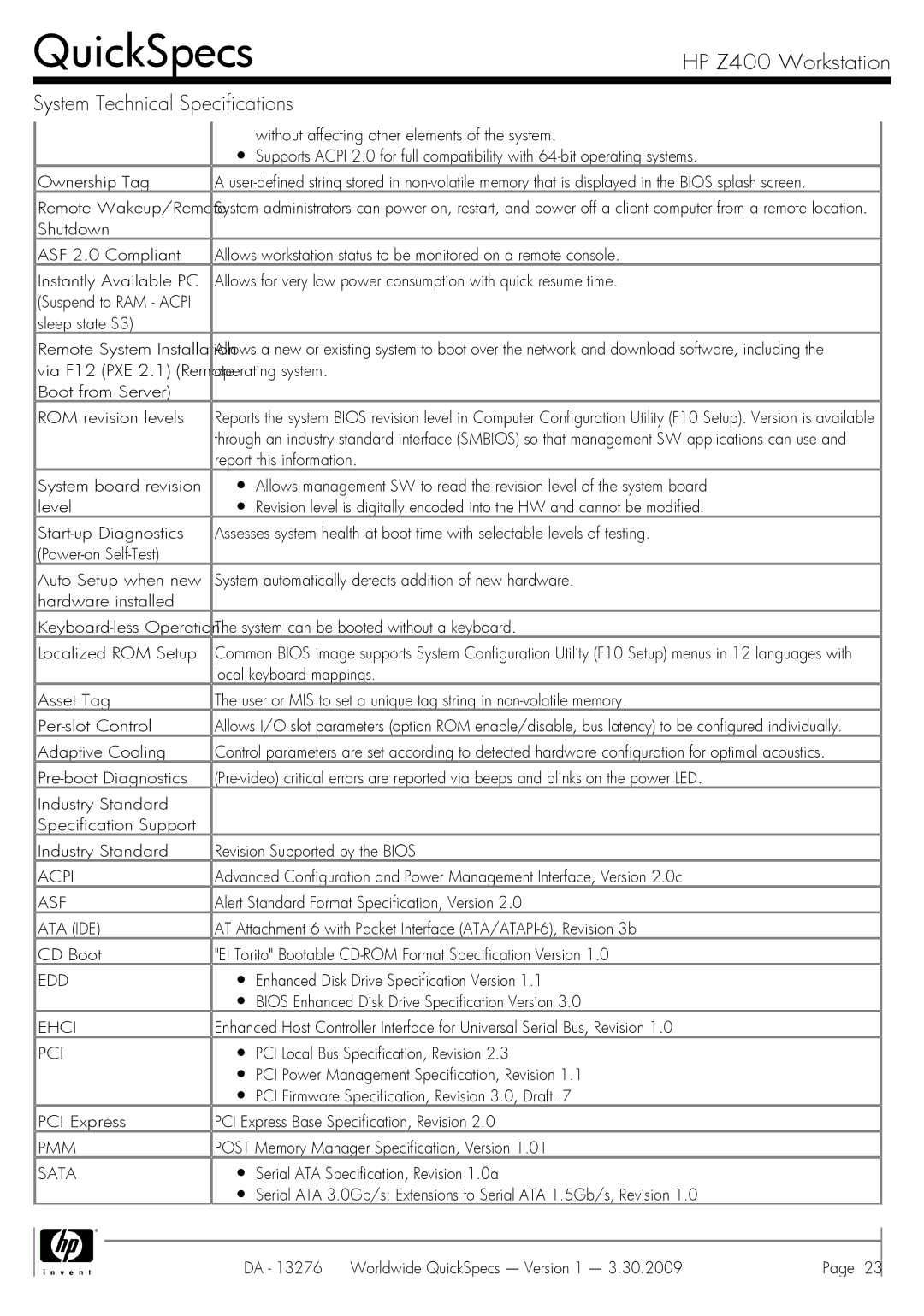 HP Z400 manual Acpi, Asf, Ata Ide, Edd, Ehci, Pmm 