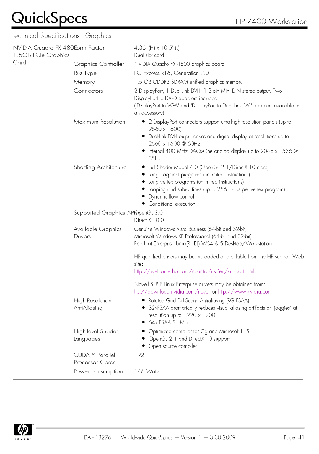 HP Z400 manual 2560 x 1600 @ 60Hz, 85Hz, Resolution up to 1920 x, 64x Fsaa SLI Mode 