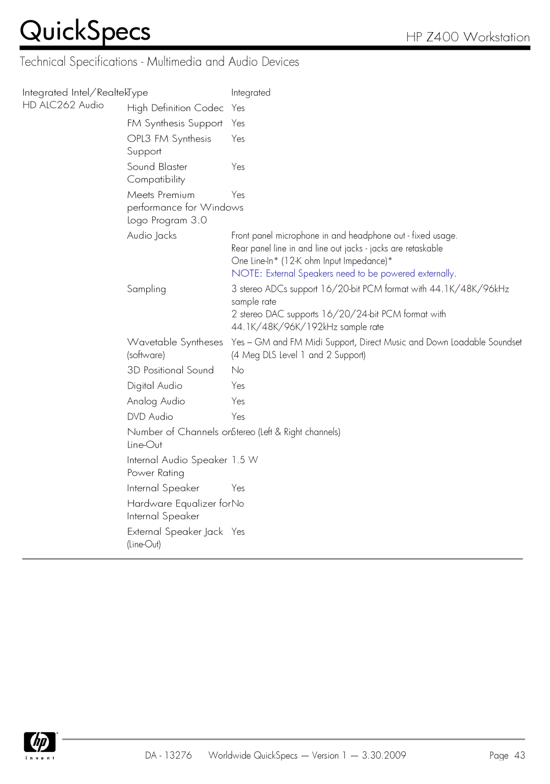 HP Z400 manual QuickSpecs 