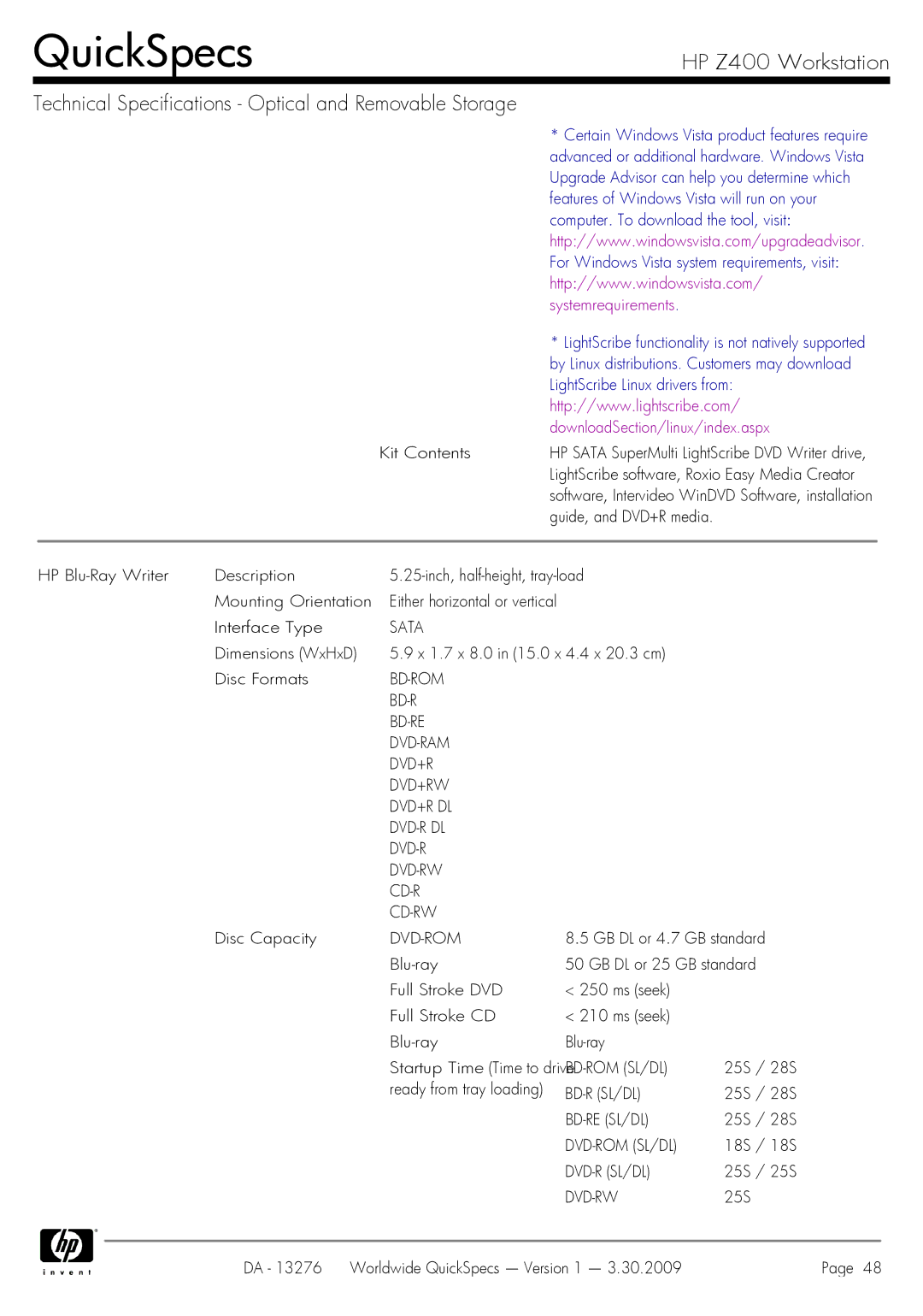 HP Z400 manual HP Blu-Ray Writer Description 