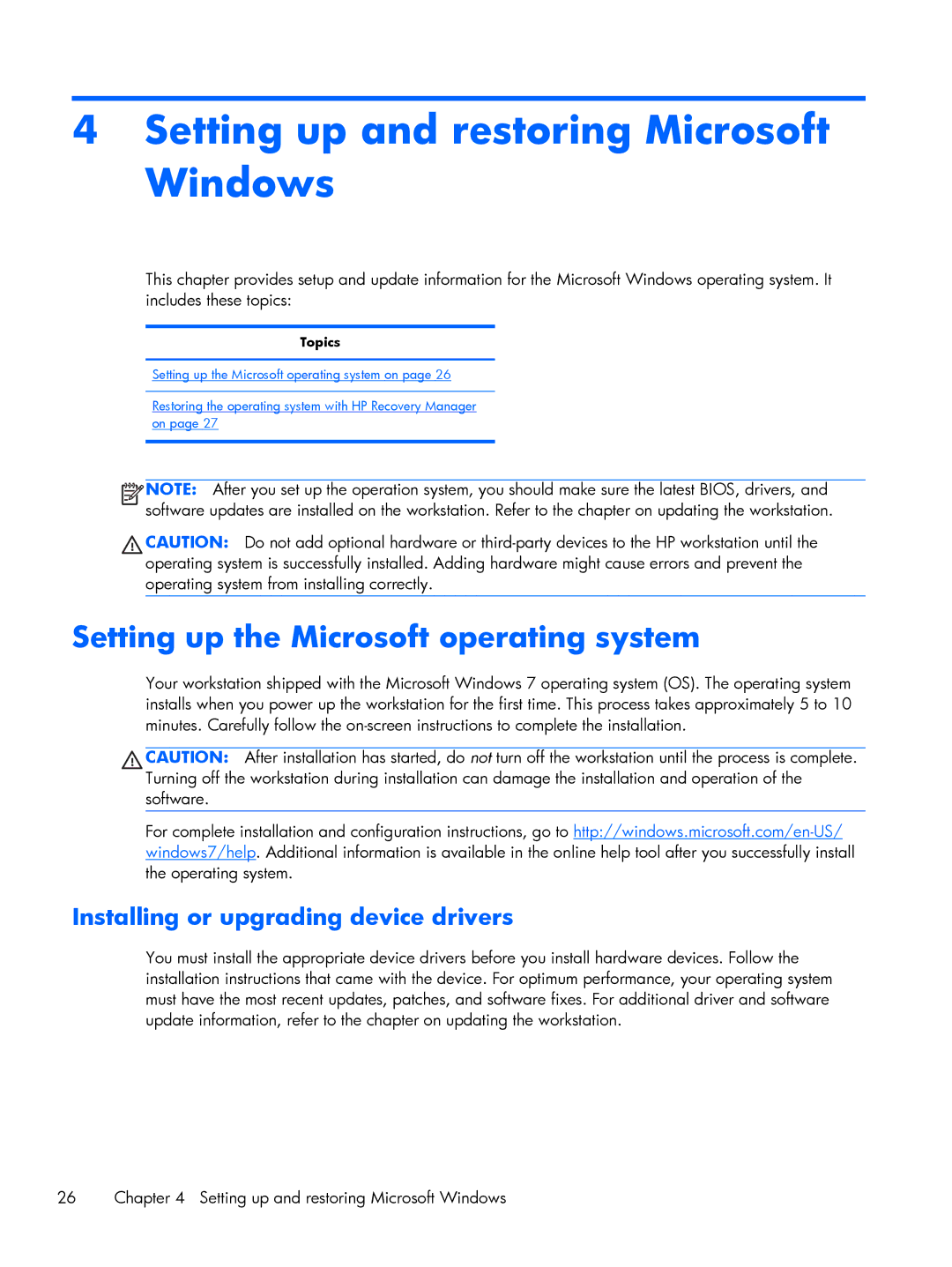 HP B8p43up B8P43UPABA manual Setting up and restoring Microsoft Windows, Setting up the Microsoft operating system 