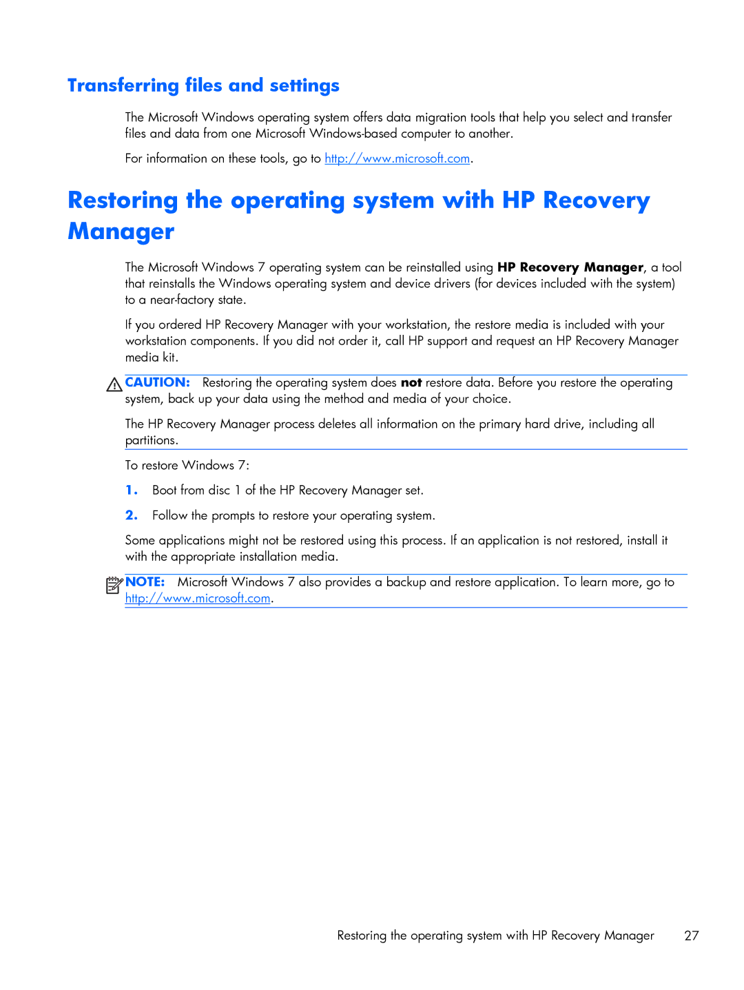 HP B2B96UT B2B96UT#ABA manual Restoring the operating system with HP Recovery Manager, Transferring files and settings 