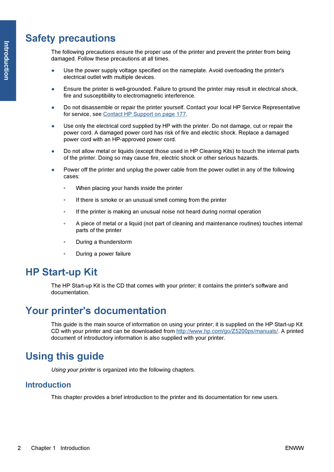 HP Z5200 CQ113A#B1K manual Safety precautions, HP Start-up Kit, Your printers documentation Using this guide, Introduction 