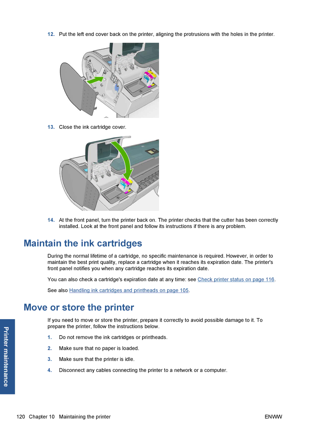 HP Z5200 CQ113A#B1K manual Maintain the ink cartridges, Move or store the printer 