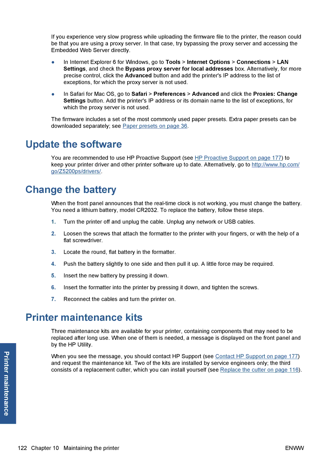 HP Z5200 CQ113A#B1K manual Update the software Change the battery, Printer maintenance kits 