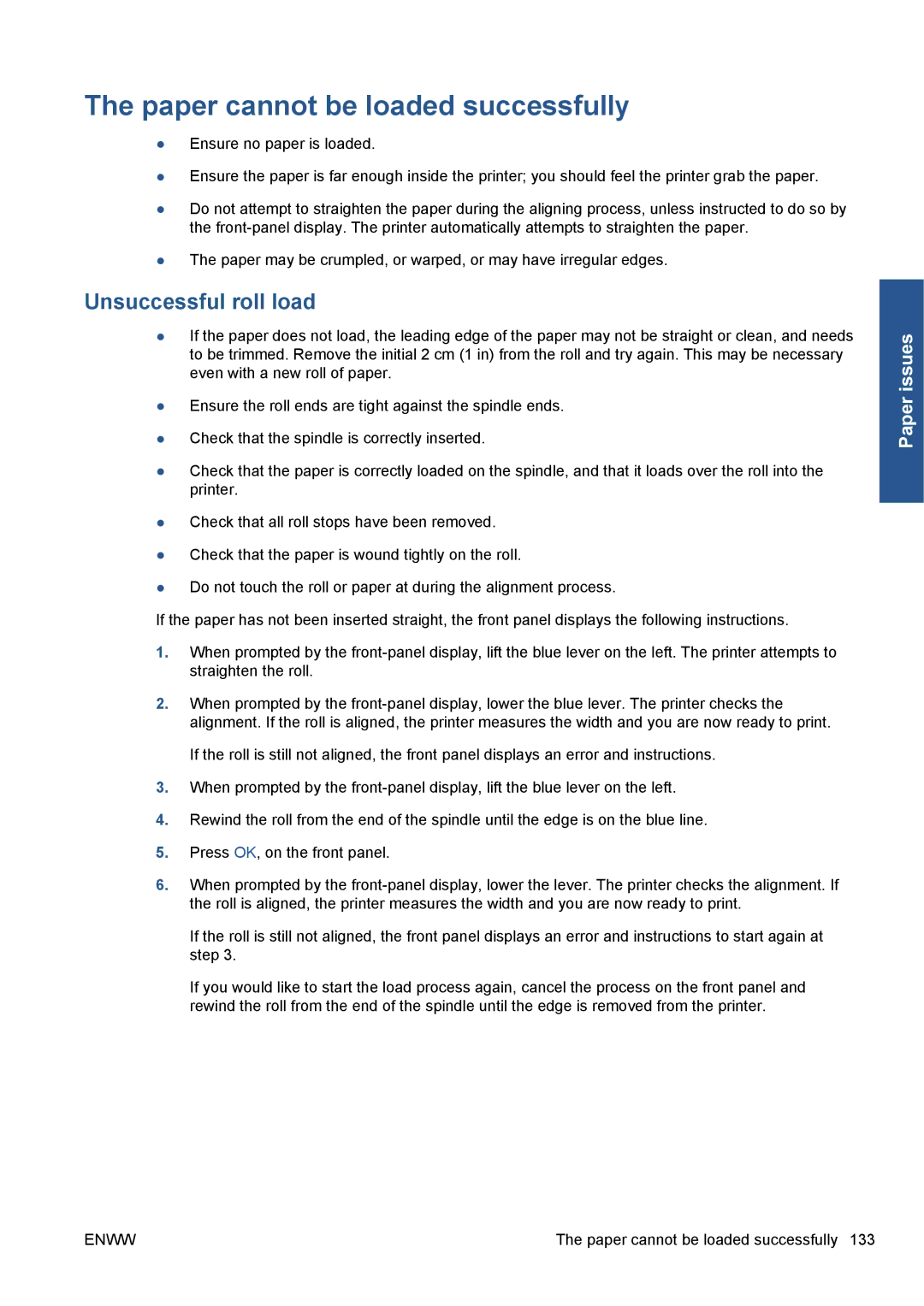 HP Z5200 CQ113A#B1K manual Paper cannot be loaded successfully, Unsuccessful roll load 