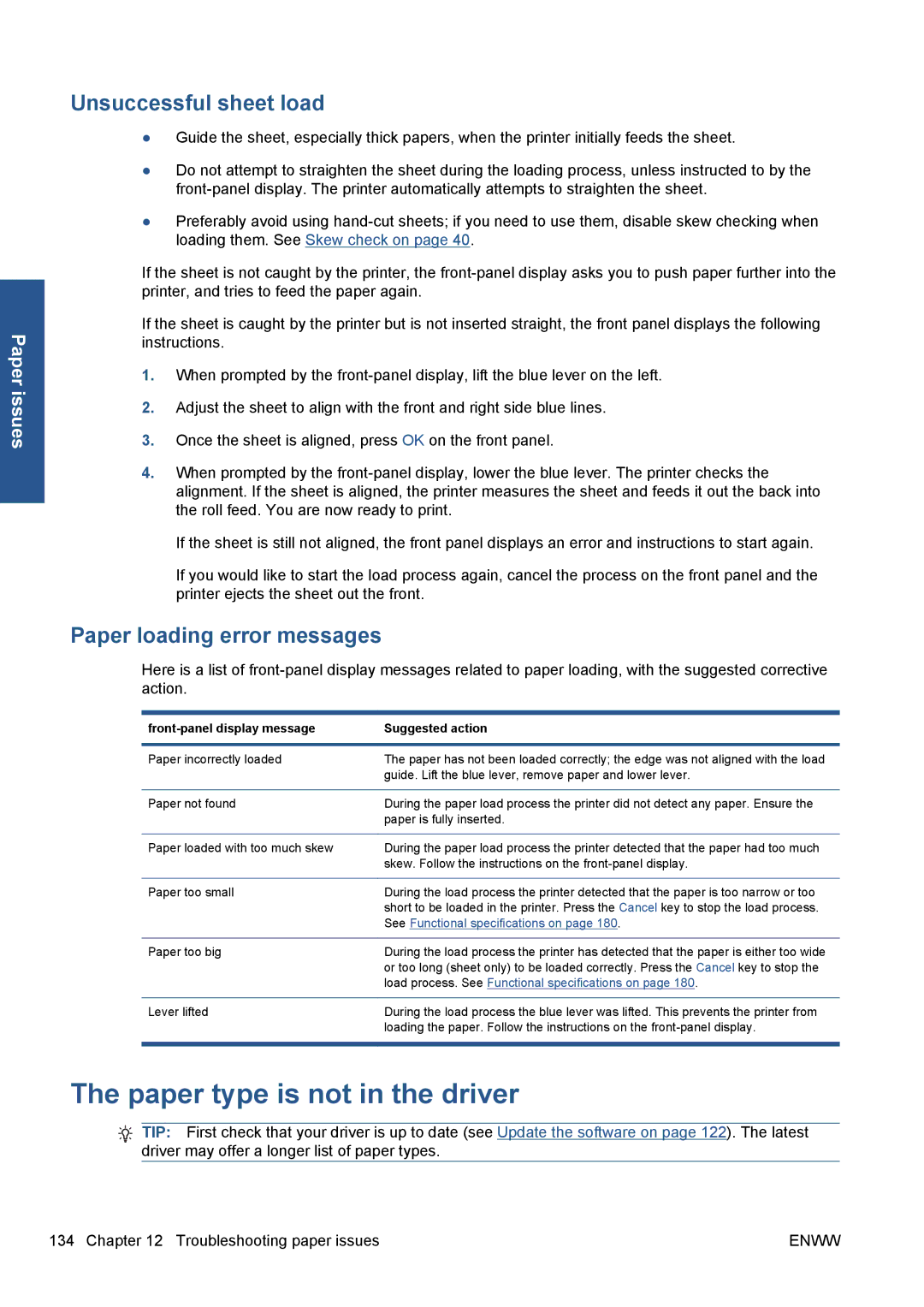 HP Z5200 CQ113A#B1K manual Paper type is not in the driver, Unsuccessful sheet load, Paper loading error messages 