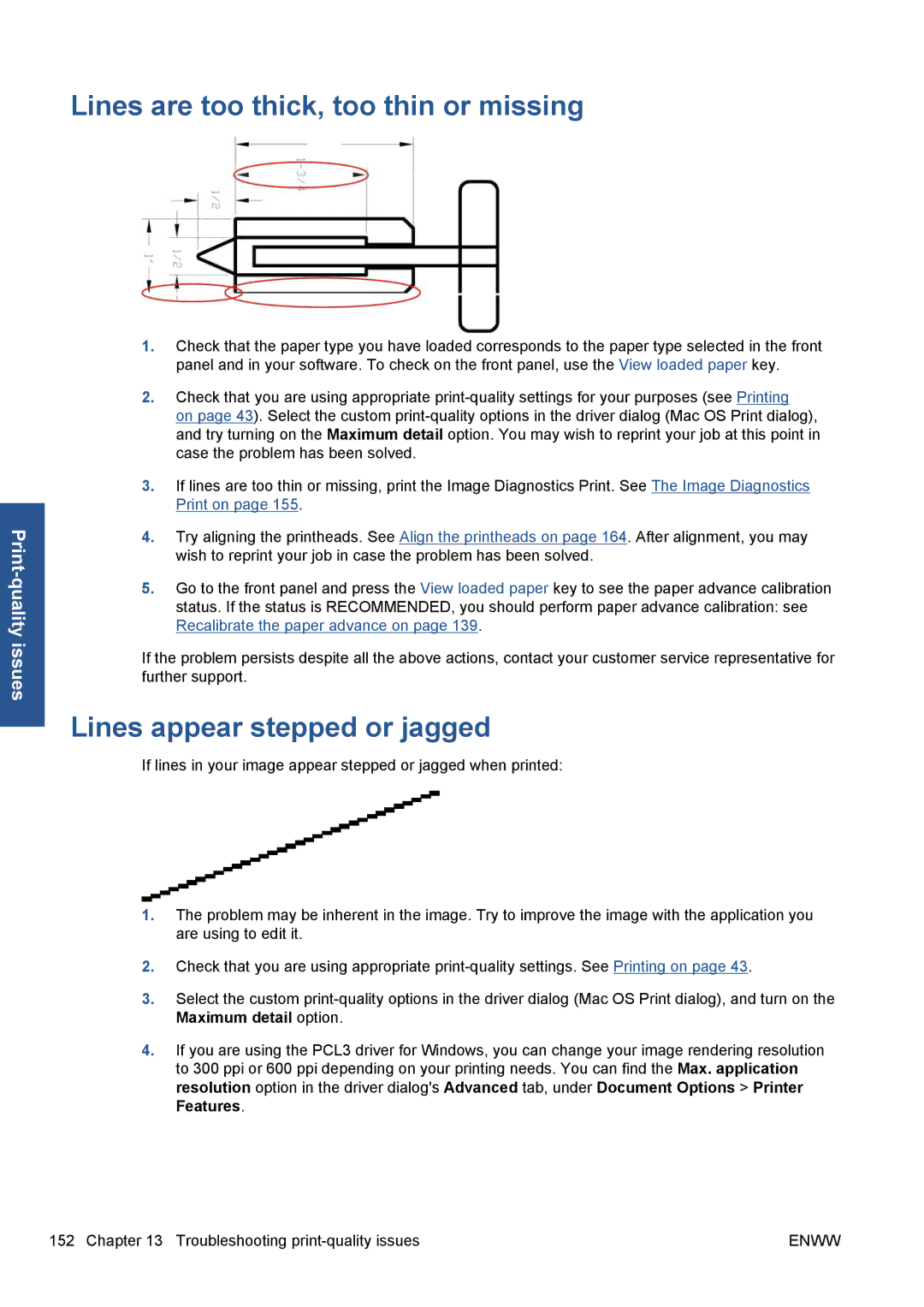 HP Z5200 CQ113A#B1K manual Lines are too thick, too thin or missing, Lines appear stepped or jagged 