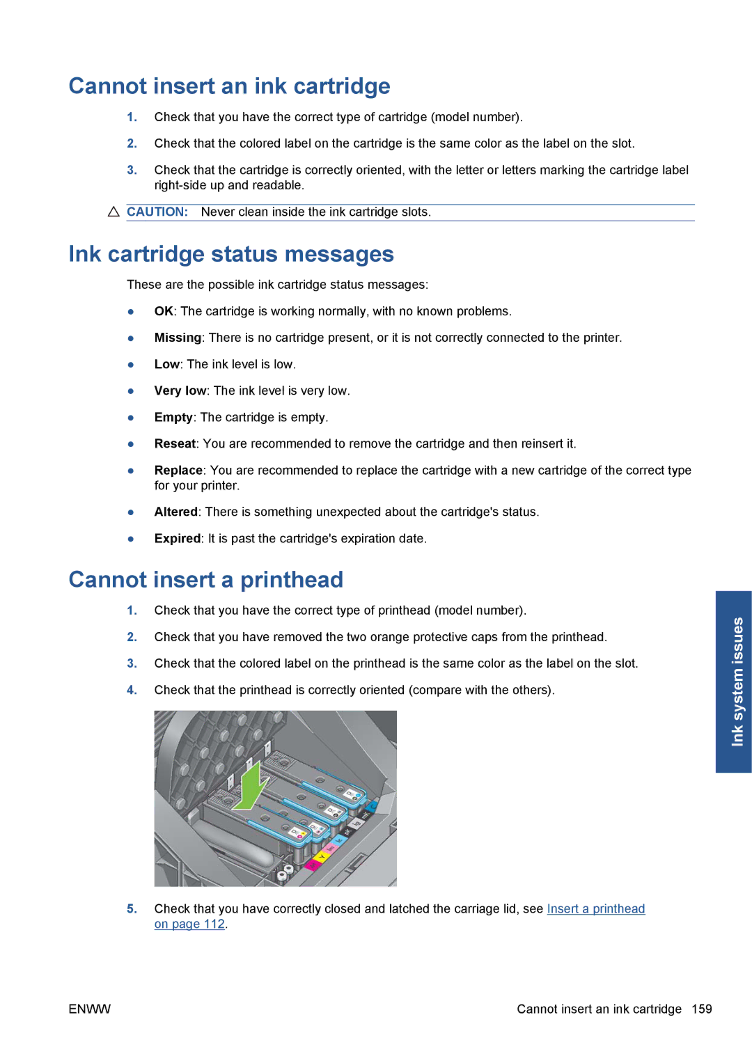 HP Z5200 CQ113A#B1K manual Cannot insert an ink cartridge, Ink cartridge status messages, Cannot insert a printhead 