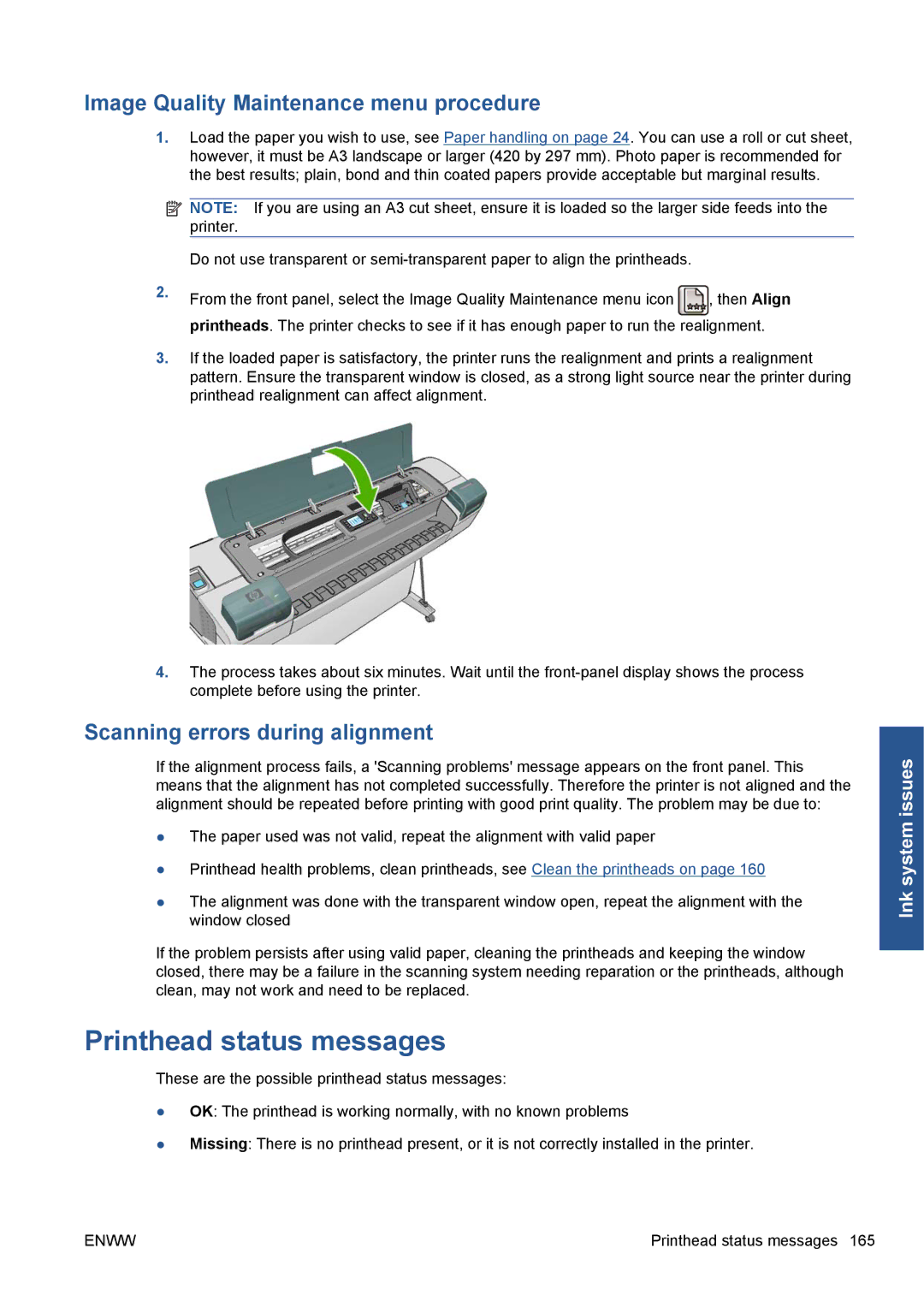 HP Z5200 CQ113A#B1K Printhead status messages, Image Quality Maintenance menu procedure, Scanning errors during alignment 