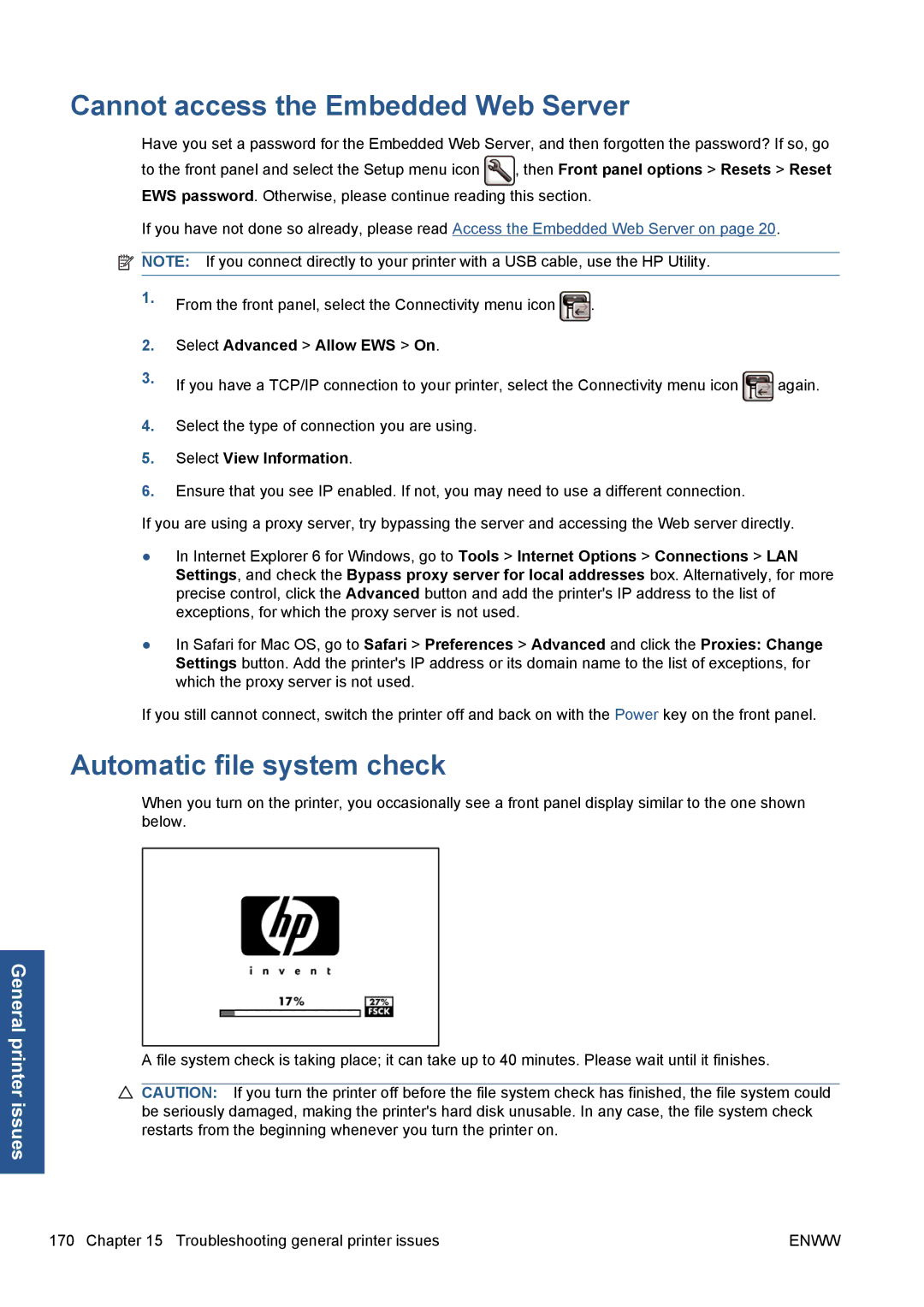 HP Z5200 CQ113A#B1K manual Cannot access the Embedded Web Server, Automatic file system check, Select Advanced Allow EWS On 