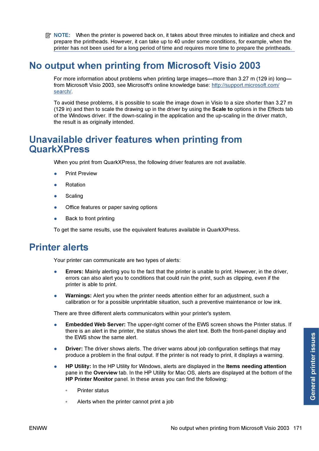 HP Z5200 CQ113A#B1K manual No output when printing from Microsoft Visio, Printer alerts 