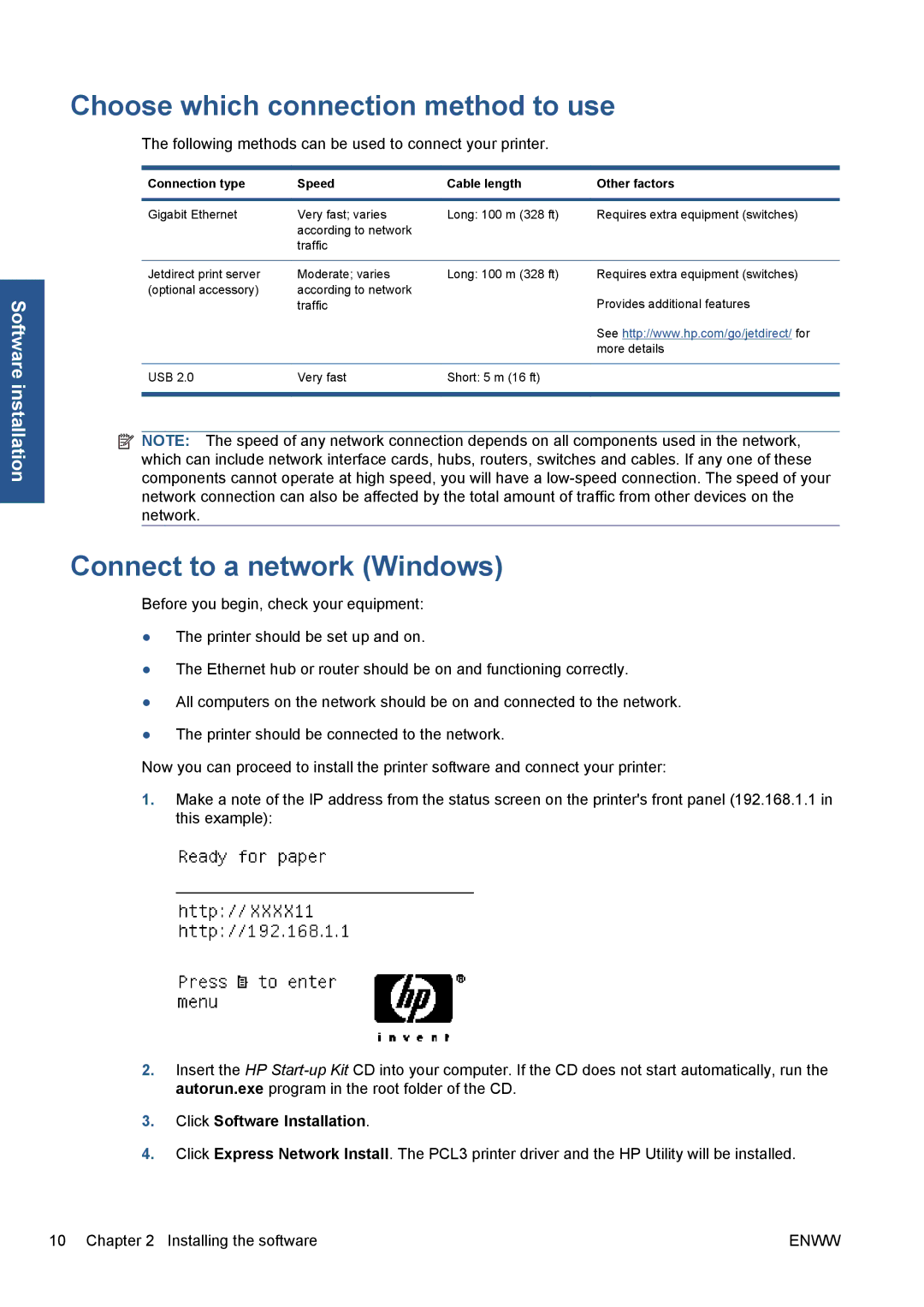 HP Z5200 CQ113A#B1K manual Choose which connection method to use, Connect to a network Windows, Click Software Installation 