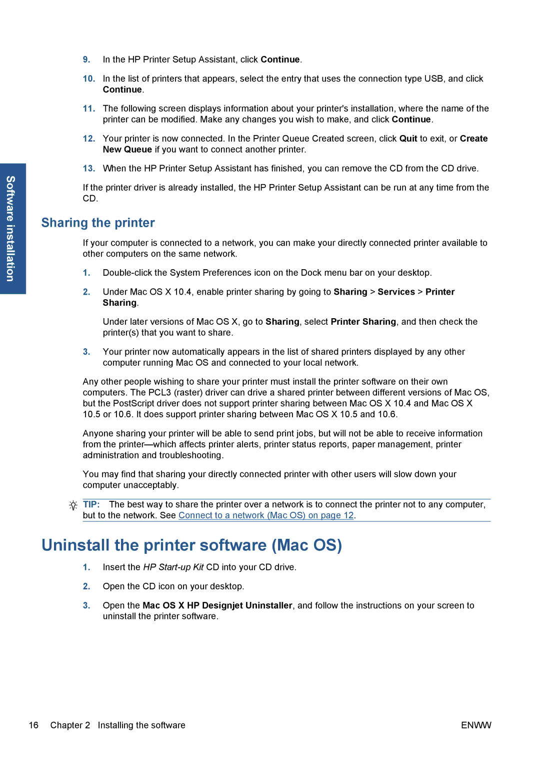 HP Z5200 CQ113A#B1K manual Uninstall the printer software Mac OS, Sharing the printer 