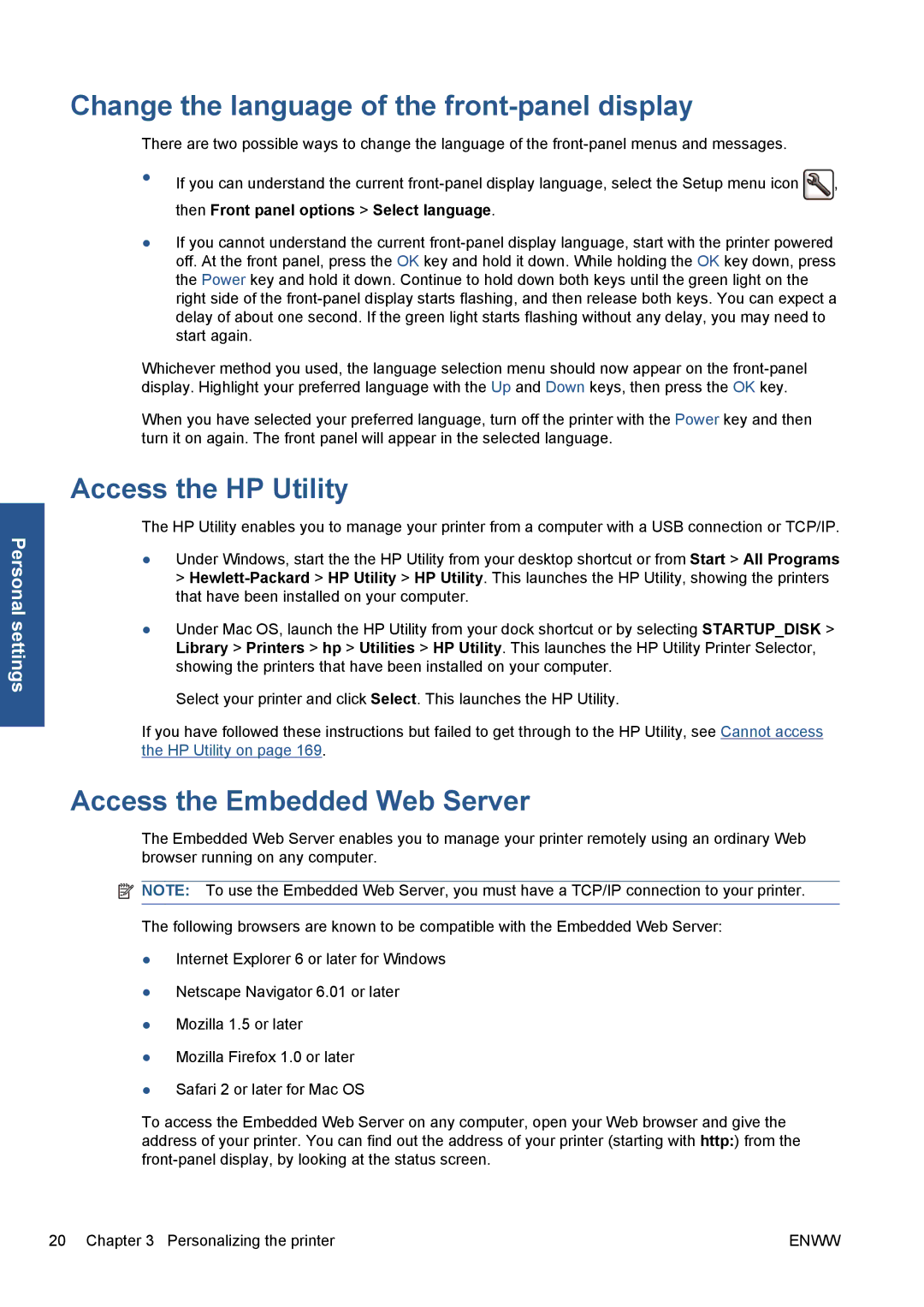 HP Z5200 CQ113A#B1K Change the language of the front-panel display, Access the HP Utility, Access the Embedded Web Server 