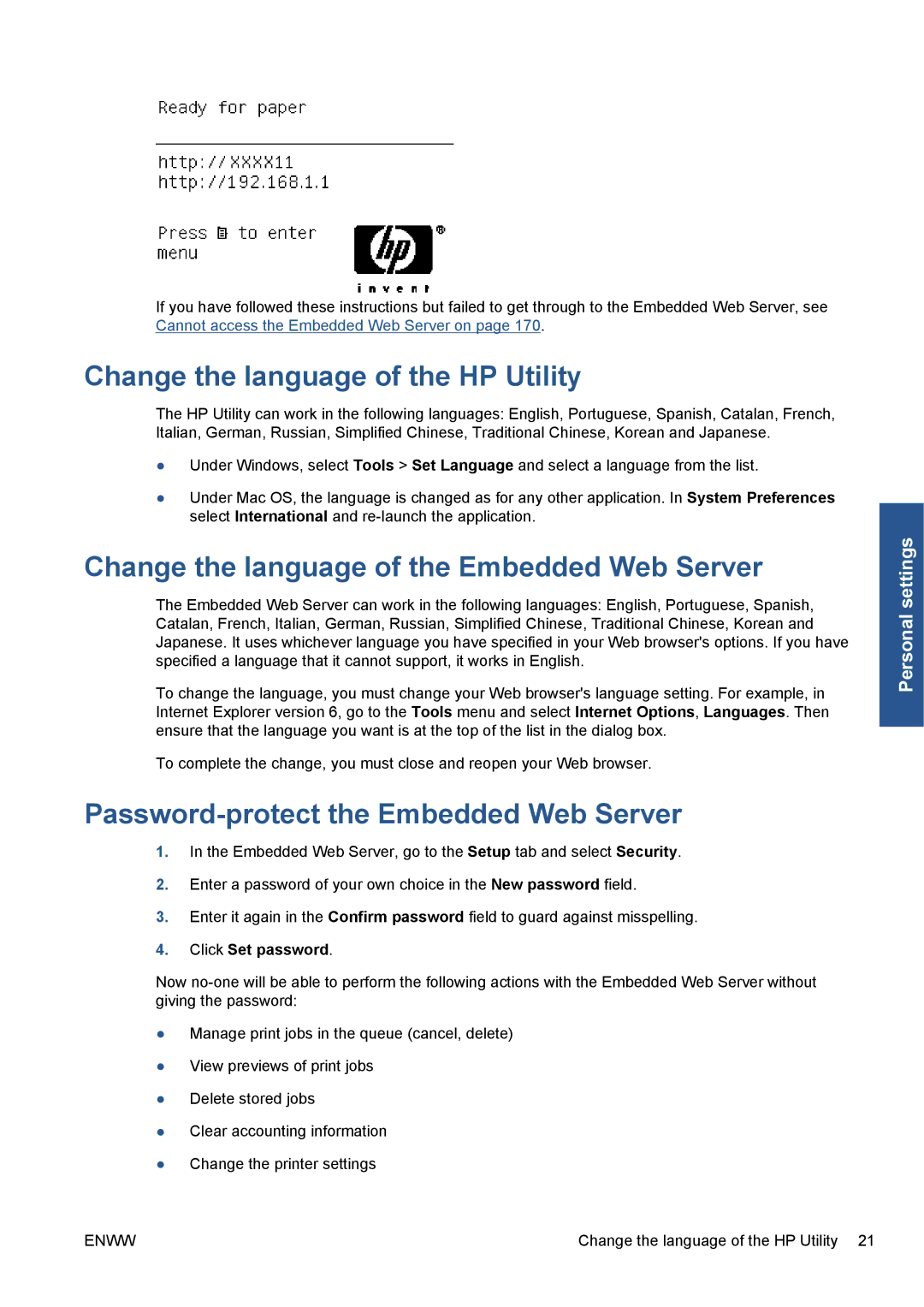 HP Z5200 CQ113A#B1K manual Change the language of the HP Utility, Change the language of the Embedded Web Server 