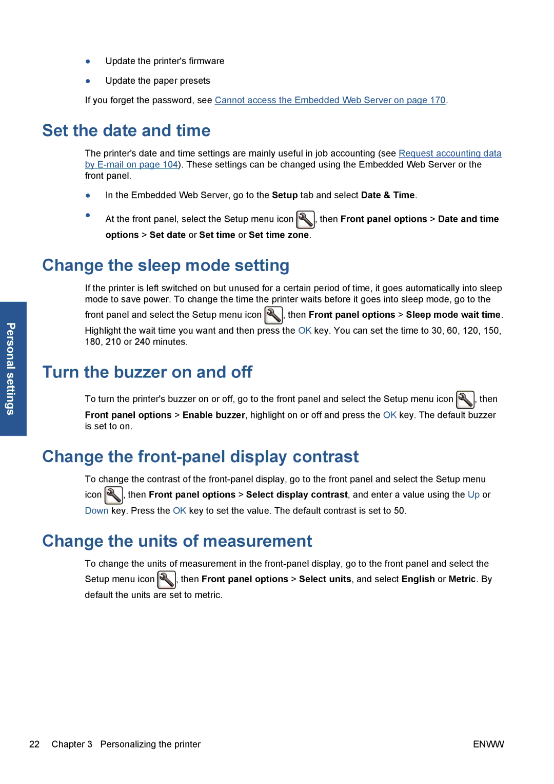 HP Z5200 CQ113A#B1K manual Set the date and time, Change the sleep mode setting, Turn the buzzer on and off 